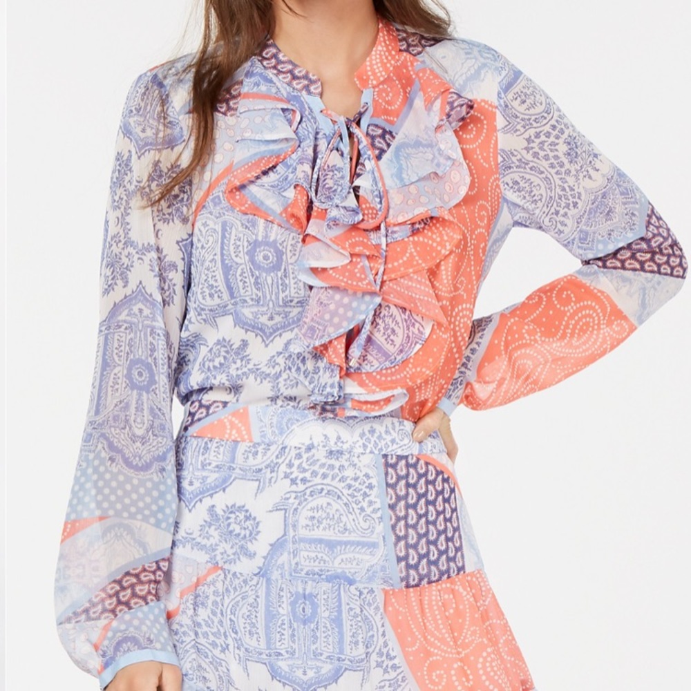 Tommy Hilfiger Ruffled V-Neck Patchwork Blouse